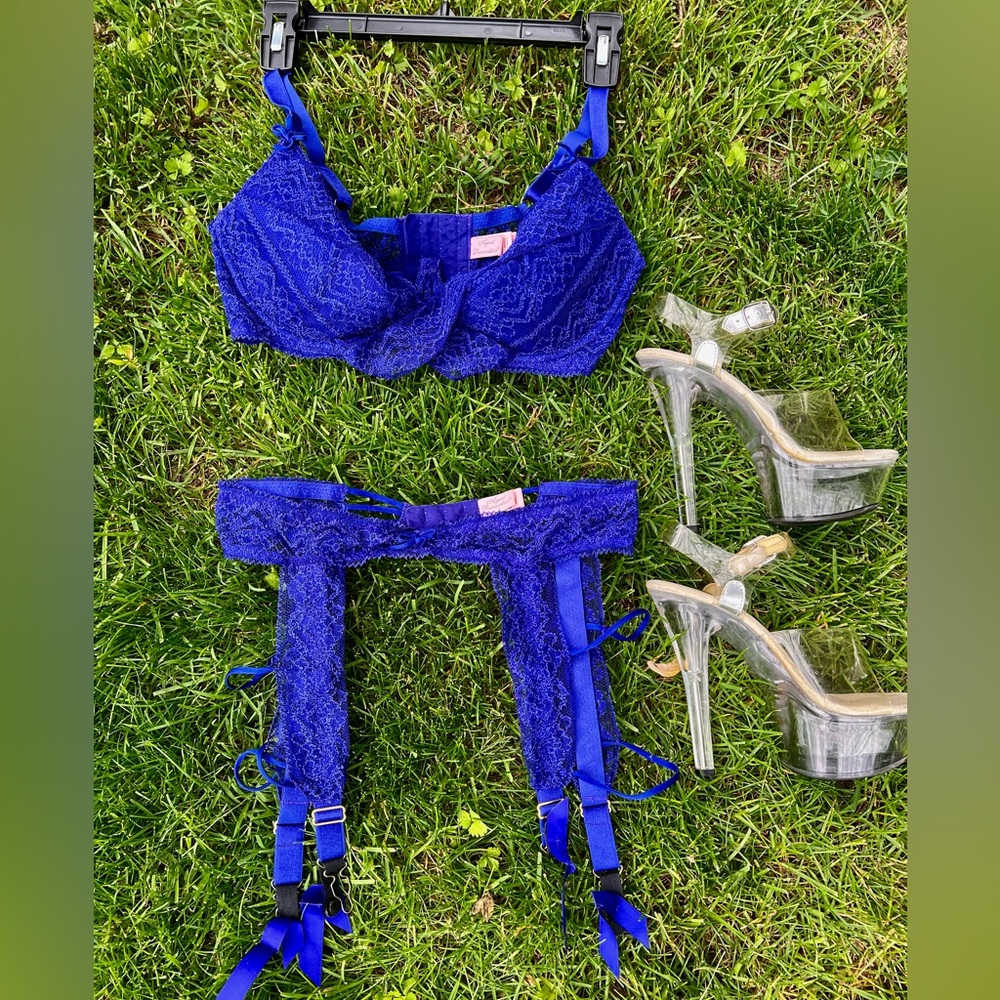 Agent Provocateur Set 36D cobalt blue silk lace bra garter 3 Margot RARE strappy